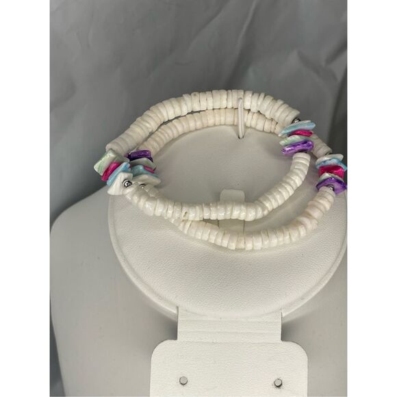 Vintage Pukka Shell Bracelet Set Chunky Seashell White Green Pink Purple Beach - Picture 3 of 3